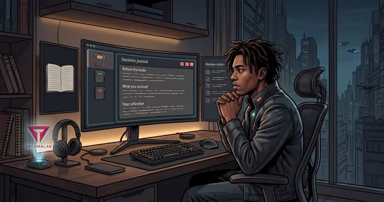 A trader at a night desk, chin resting on their hands, reading a decision journal on the monitor in front of them.