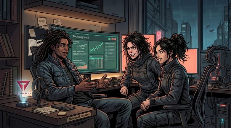 Illustration: three traders at a desk at night, smiling as they review a decision journal on screen, with the TechMalak logo on the desk.